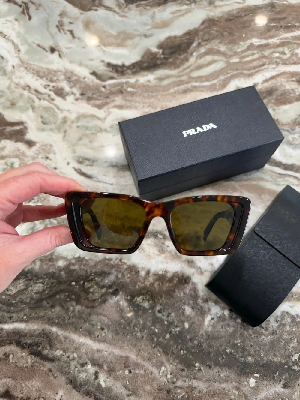 Prada Woman’s Tortoiseshell Rectangular Sunglasses with Brown Lenses